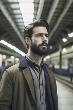 Handsome young man with short beard tall masculine age 26 on railway station