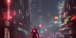 iron man right side, full boy, A professional night photo of a far-future cyberpunk city, shanghai, by Alena Aenami and blade runner and akira, trending on Artstation, smooth, sharp focus, higly detailed, crowded
