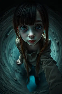 Closeup tall Girl goth with big eyes, ragged clothes, fullbody, claustrophobic really, crushed inside, the perspective looking up from the bottom of an empty well , 8k,macro photography,