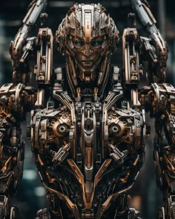 A length image ,hyper-detailed front view of a Cyber-man mech in transformative style, his metallic skin gleaming with intricate textures and intricate details, captured in an ultra-realistic style that blurs the lines between reality and imagination.