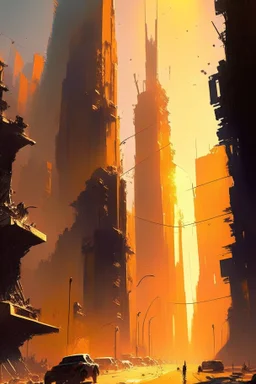 The dazzling metropolis decorated with towering skyscrapers and bustling with life is being subjected to the merciless ravages of the blazing summer sun causing it to gradually liquefy into a gooey molten mess, apocalyptic landscape of a cityscape melting under the scorching heat of the sun, Digital painting, Highly detailed, art by ian mcque and sparth, Dark, Post-apocalyptic, Vivid, Sharp focus, Artstation, Sci-fi, abstract.