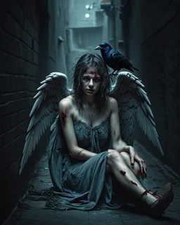 This image shows a fallen angel in a haunting, atmospheric scene. She sits in a dark alleyway, surrounded by subtle shadows and grunge textures, her skin damaged and her wild hair disheveled. A blind crow perches on her shoulder, adding to the eerie mood.