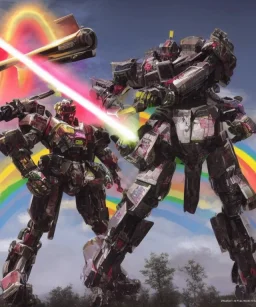 Photorealistic futuristic samurai mechwarrior cutting a rainbow in half with a giant katana