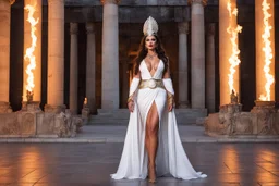 at the light of torches in the heart of the splendid temple of Artemis: Selene, the dominatrix great priestess of Artemis stands close to an hotel for celebration, Goddess of Love, donned a robe that embraced the essence of passion and desire. Her attire, carefully designed to evoke the sensuality and allure associated with love, celebrated the intimate connection between human hearts and the divine realm.