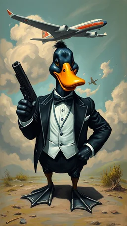 Bosh painting style nightmare, a black duck wearing a Tuxedo and holding a gun like 007 , an airplane in the background
