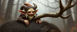 a blonde fluffy gnome quickling kobold gremlin that looks like the opposite of a vampire in bunad leaning on an elk, holding his horns