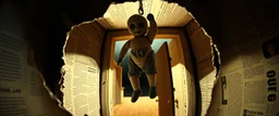 newspaper cut out, terror ghost doll barely hanging on, master oil painting by Escher and Giger, sodom in the style of Fallout 4, pinhole cam pic, dimensional door, tear in the fabric of reality