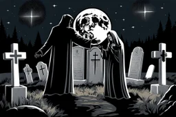 Eerie Encounter in midnight in cemetery, a ghost with a scared face, screaming, and two mourners with scared faces facing each other, night, stars, two spades on the ground, a pit, a pile of earth, in the background graves, crosses