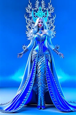 Full body de hermosa y malvada reina del hielo, pelo blanco, ojos azules luminosos, vestimenta intrincada, hiperdetallada, calidad ultra, increíble obra de arte, full body