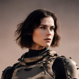 beautiful sexy caucasian female soldier, black metal body and limbs, visible cybernetic limbs, scratched sand camo, no armor, short brunette wavy bob haircut, dystopian, desert scene