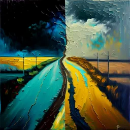 two roads diverged , art, oil colors