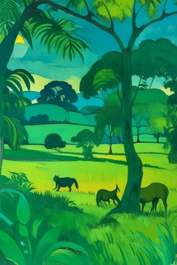 A bluish green savanna with leafy trees painted by Paul Gauguin