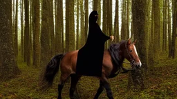 Dark robed wizard on a horse in the forest