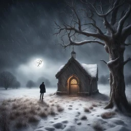 Hyper Realistic Haunted Chapel between a Field with a man hanging on dry old tree at heavy snowfall night