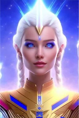 young cosmic woman admiral from the future, one fine whole face, large cosmic forehead, crystalline skin, expressive blue eyes, blue hair, smiling lips, very nice smile, costume pleiadian,rainbow ufo Beautiful tall woman pleiadian Galactic commander, ship, perfect datailed golden galactic suit, high rank, long blond hair,