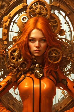Beautiful Meika Woollard is a clock goddess surrounded by clocks and intricate gears, vivid orange wet hair, highly detailed face , detailed eyes, 8k resolution concept art Hyperdetailed, digital painting, Magali Villeneuve , Ismail Inceoglu, wlop , Android Jones and Julie Dillon, centered, symmetrical, soviet art