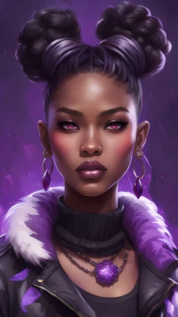 arcane tv show style, league of legends, solo, 1girl, attractive teenager, african, dark skin, dark-brown eyes, black hair, pair buns, (violet strand in forehead bang), bullet necklace, earrings, modern makeup, (detailed skin texture), open short black oversize puffy jacket with fur collar, black top with acid-violet abstract print, dark background, bokeh