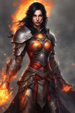 Picture a powerful female Paladin Druid, her eyes shining bright red as she conjures flames with her hands. Her black hair appears ablaze, emitting fire effortlessly. Clad in lightweight magical armor, she relies on her mastery of fire and magic, with a scar on her face telling tales of battles faced and conquered against her tanned skin, embodying strength and elemental mastery