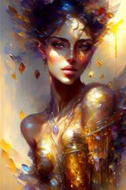 fantastic treasure chest with full of diamonds jewels gemstones and gold oil painting by Yossi Kotler elegant extremely detailed intricate oil on canvas very attractive beautiful crisp quality Michelangelo Jean-Baptiste Monge Pino Daeni Josephine Wall Daniel Gerhartz