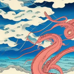 Ukiyo-e style illustration of ocean scene underwater, giant squid, high detail