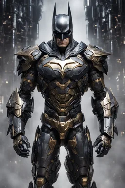 Fullbody photography front view of a Batman mech in transformative style, his metallic skin gleaming with intricate textures and intricate details, captured in an ultra-realistic style that blurs the lines between reality and imagination, cosmic background