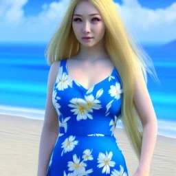 Beautiful asiatic sunny face woman blue eyes long blond hair in a blue flower dress on a beach, unreal engine, 4k
