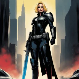 [Dredd art by Carlos Ezquerra] stands a figure unlike any other - Judge Brienne, a towering woman in action with a gaze as sharp as her blade. Clad in the iconic uniform of the Judges designed by agent provocateur, she patrolled the streets with unwavering determination, her presence commanding respect and fear in equal measure. The citizens of Mega-City One whispered tales of her exploits, of how she single-handedly took down the most dangerous criminals with a skill and grace