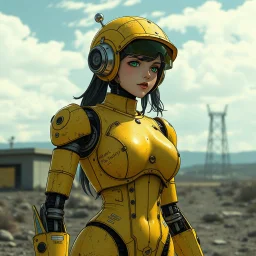 a feminine robot, yellow, post apocalyptic, fallout, vintage anime
