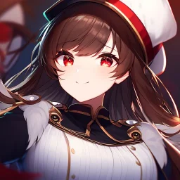 Clear Focus, High resolution, glowing red eyes, wearing a train conductor uniform, long dark brown hair, front hair is straight but the rest is fluffy, wearing a train conductor hat, evil smile, extreme close up