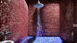 a surreal lavatory featuring gravity-defying objects, such as a showerhead pouring upward, bright patterns on the tiles, and whimsical shadows cast by unseen sources, vibrant colors creating a fantastical feel, Burgundy-&-blue color, scandinavian vibe, diffused pale light