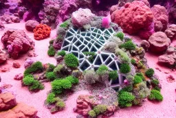 spaceship megastructure with tentakel Coral plants growing out of it over a rocky desert with pink crystals