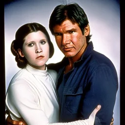 middle-aged carrie fisher embracing harrison ford in star wars, waist up portrait, photorealistic faces, intricate, masterpiece, expert, insanely detailed, 4k resolution, cinematic smooth, intricate detail , soft smooth lighting, soft pastel colors,