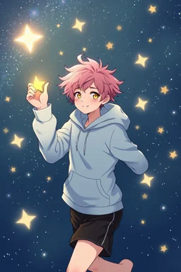 An androgynous young man with tousled pink hair and golden eyes floating among the stars wearing a light blue hoodie and black board shorts. He is smiling softly and holding a star in one hand. Photo realistic.