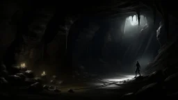 A dark and haunting of a mysterious cave filled with shadows and unknown creatures