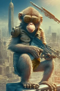 criminal monkey with a machinegun and sunglasses. Realistic image, City Background