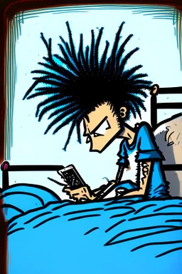 2d drawing of a stickman, laying in bed, cool with punk hair, just woke up, cellphone in hand ,3d realistic in colour