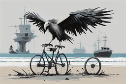 a long-legged lean black-grey cybervulture with ((beak-shaped heads)) (wearing white khiton) riding a bike in front of a boatwreck on a radioactive beach, front view, acrylic painting, minimal art, centered, wild sparse brushstrokes, amazing verticals, great parallels, low bleak colors of gray, blue and black, excellent negative space contrasts