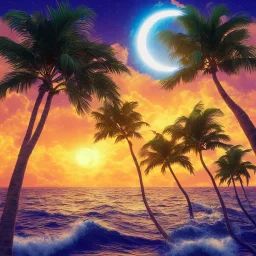 1980's vaporwave aesthetic palm trees with lightning with solar eclipse in the ocean waves sunset