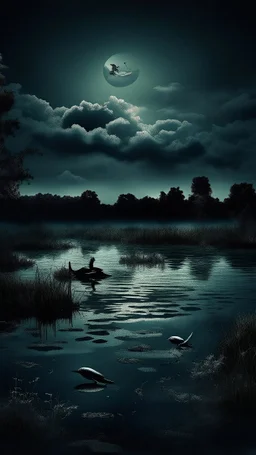 A swamp with dark ducks swimming and dark sky with clouds covering the moon