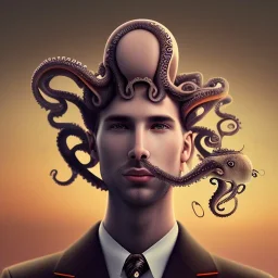 a masculine brunette gay austrian man with octopus plushie on head