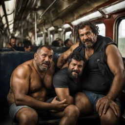 photography of two burly ugly chubby muscular sweat wet turkish farmers 46 years old man sitting embraced in the train, manly chest, hairy allover, relaxing, shirtless, big bulge, tattoo, broken teeth, tired, short beard, short curly hairs , view from below, photorealistic, side lights, Ground-Shot Angle