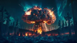 giant radioactive explosion destroy a forest, night starry sky in background, 8k resolution, photorealistic, ultra detailed