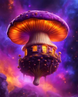 A lonely floating island mushroom house in space. purple orange yellow, deep space nebulas. Detailed gloss Painting, bright color, fantastical, intricate detail, splash screen, hyperdetailed, insane depth, concept art, 8k resolution, trending on Artstation, Unreal Engine 5, color depth, backlit, splash art, dramatic, High Quality Whimsical Fun Imaginative, good composition