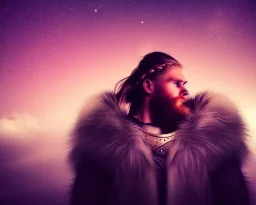 a sad and lonely viking looking up at the stars at night, hyper realistic, 8k, insane detail, atmospheric pastel background, crying eyes, big fur coat, long braided hair, sharp focus, soft background, dynamic lighting