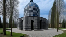 A gray monastery made out if steel painted by Victor Vasarely