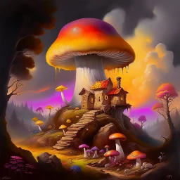 A rustic white, orange and yellow (((mushroom house))) perched atop a (tall geologic pillar), surrounded by a ((( rainbow haze ))), offset by the subtle hues of an (dark space scape), within. captured by the hand a skilled master painter with a focus on (hard bold compositions and voluminous lighting).detailed matte painting, deep color, fantastical, intricate detail, splash screen, exaggerated colors, fantasy concept art, 8k resolution