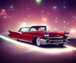 1957 Cadillac Eldorado Brougham. villain city. high speed. bokeh. lens flare. warm lights. high detailed. scifi fantasy.