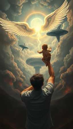Bosch painting style nightmare, a man holding a baby up toward an a beautiful angel in the sky , a nuclear explosion and an alien spacecraft in the background, rear view , dramatic sad scene, fantasy, scary.