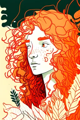 one line painting portrait of orange curly hair white girl leafy and red plants background