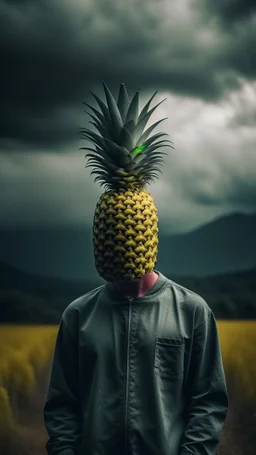 A man no face expressions , no hair in the background a big pineapple , cloudy weather 8k